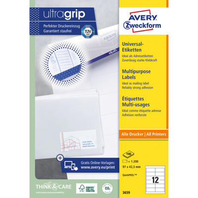 Etiketter Avery label hvid 97x42,3mm 12/ark 100ark/pk 3659