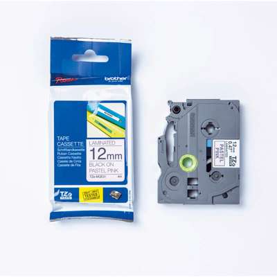 Labeltape Brother 12mm sort på pink TZeMQE31 lamin.