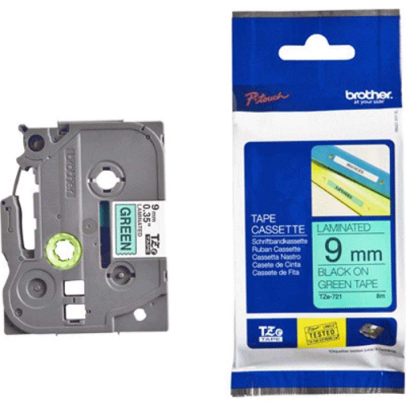 Labeltape Brother TZe721 9 mm x 8 m sort/grøn lamineret