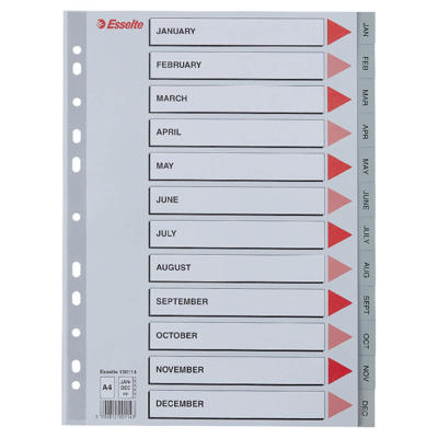 Plastregister Esselte jan-dec. grå A4 m/kartonforblad