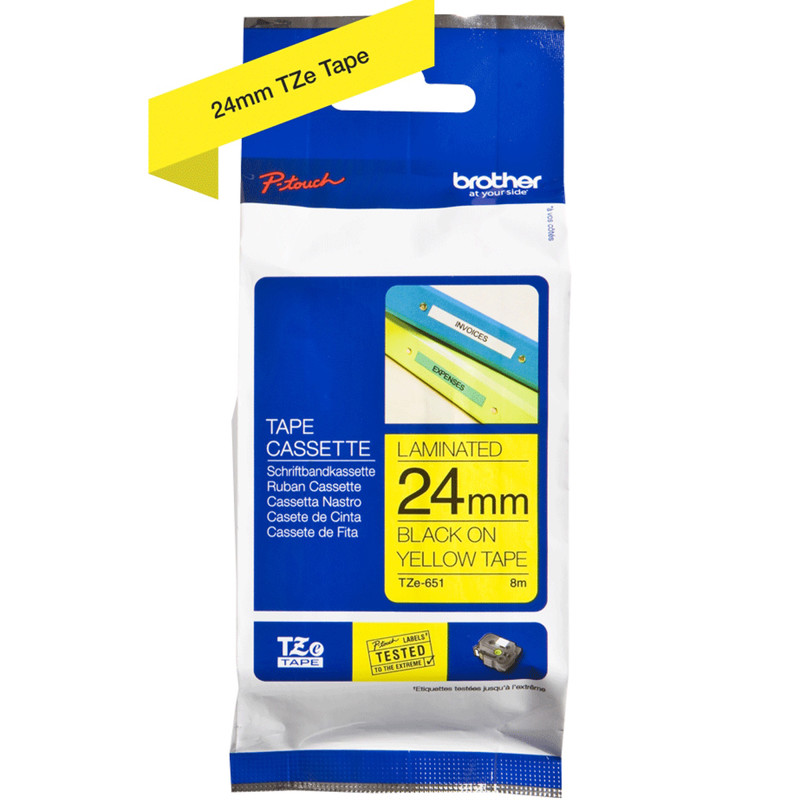 Labeltape Brother TZe651 24mm sort på gul lamineret