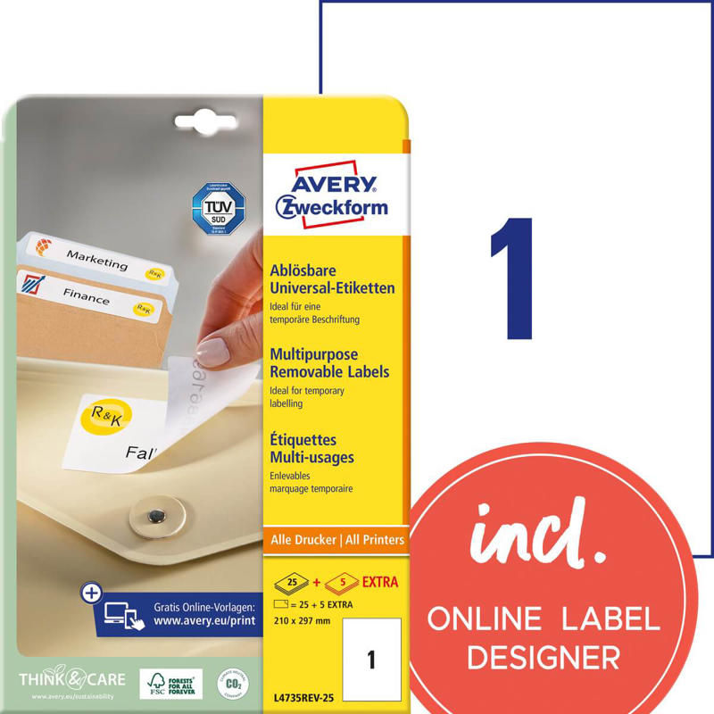 Etiketter Avery label aftagelige 210x297mm L4735REV-25