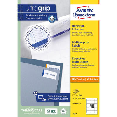 Etiketter Avery label hvid 48,5x25,4mm 40/ark 100ark/pk 3657