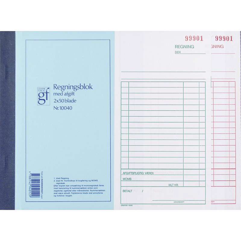 Regning 10040 m. kopi/moms 108x200 mm 50 bl m/kopi