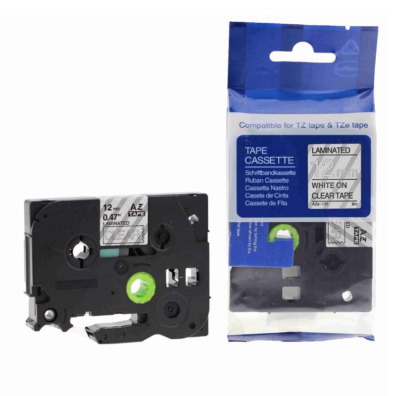 Prægetape Brother 12 mm X 8 m hvid/klar TZ135 lamineret