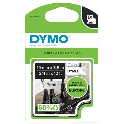 Labeltape DYMO D1 19mm sort på hvid nylon flex
