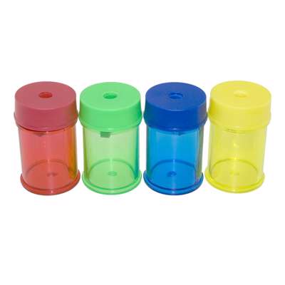 Blyantspidser med beholder transparent m/farvet top