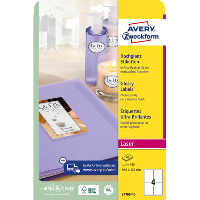 Etiketter Avery label laser glossy hvid 139x99,1mm L7769-40