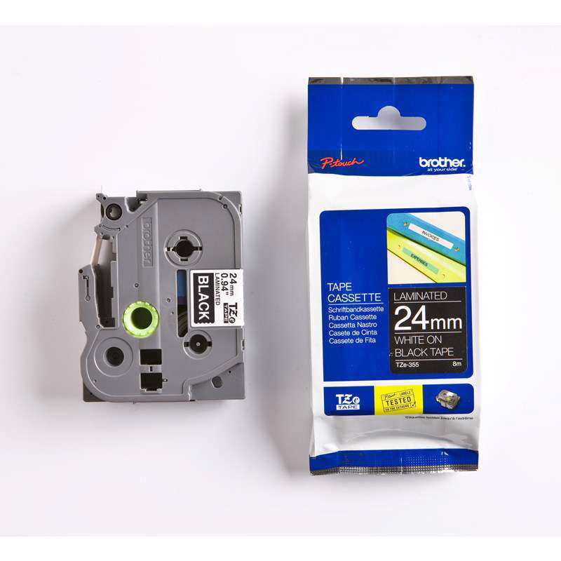 Labeltape Brother TZe355 24mm hvid på sort lamineret