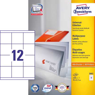 Etiketter Avery label hvid 67,7x70mm 12/ark 100ark/pk 3661