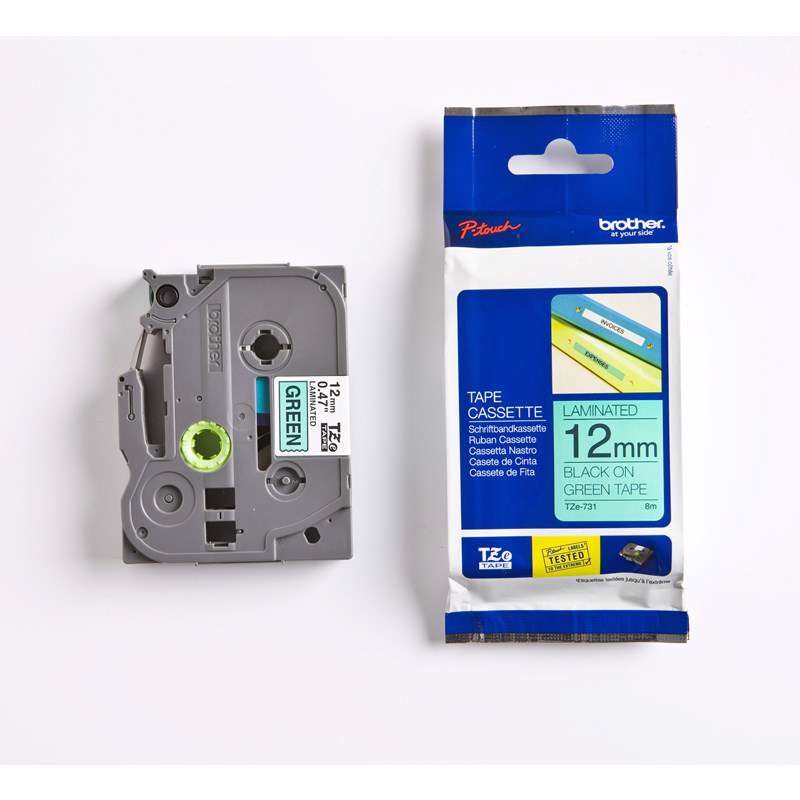 Labeltape Brother TZe731 12mm sort på grøn lamineret