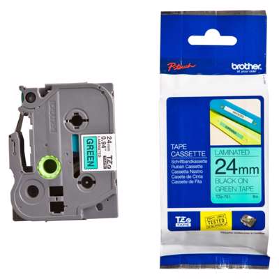 Labeltape Brother TZe751 24mm sort på grøn lamineret
