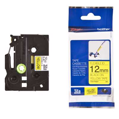 Labeltape Brother TZeFX631 12mm sort på gul fleksibel