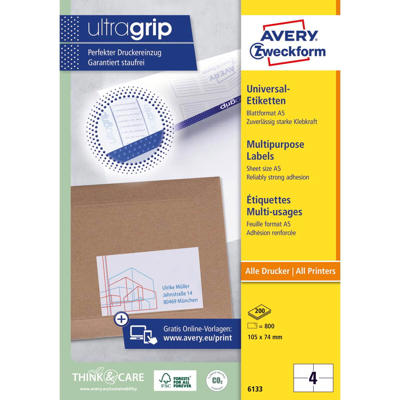 Etiketter Avery label A5 hvid 105x74mm 4/ark 200ark/pk 6133