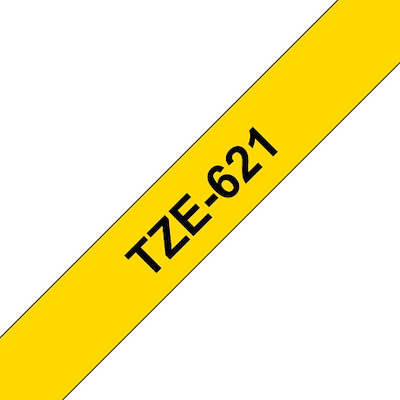 Labeltape Brother TZe621 9mm sort på gul lamineret