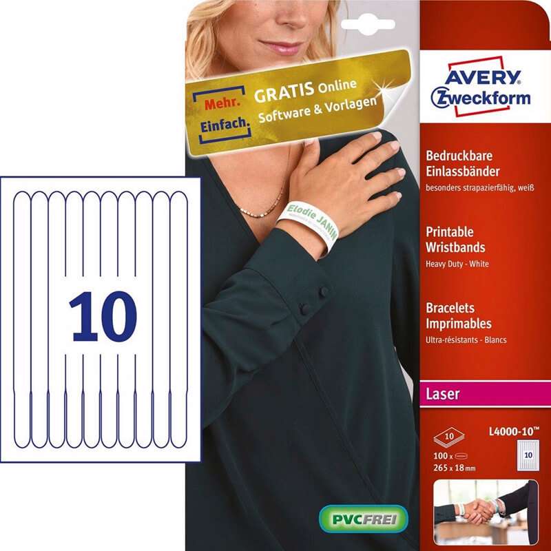 Papirarmbånd t/laserprint Avery hvid 265x18mm 10stk/ark