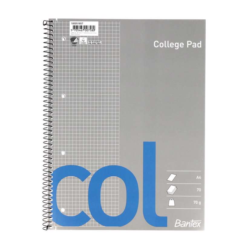 Kollegieblok Bantex kvadreret A4 m/spiralryg 70blade/stk