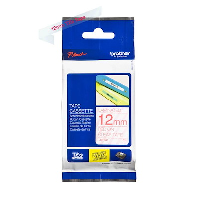 Labeltape Brother TZe132 12mm rød på klar Lamineret
