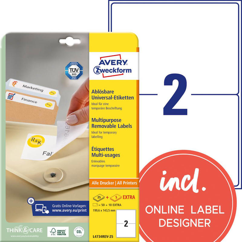 Etiketter Avery label aftagelige 199,6x143,5mm L4734REV-25