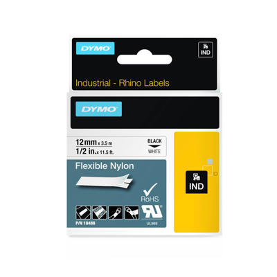 Labeltape DYMO Rhino 12mm sort på hvid nylon