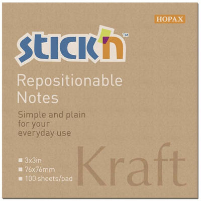 Notes Stick'N Kraftblok brun 76x76mm 100bl. genbrug 12blk/pk