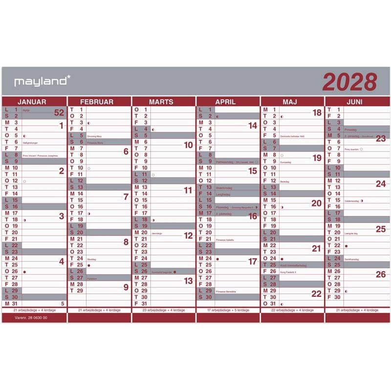 Kontorkalender 2028 Mayland Dobbelt halvårskalender
