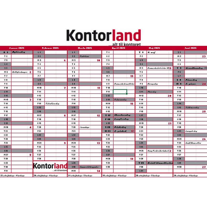 Kontorland kalender 2025 m/ ugenumre og helligdage til print