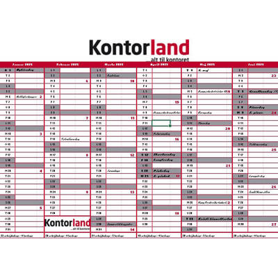 Kontorland kalender 2025 m/ ugenumre og helligdage til print