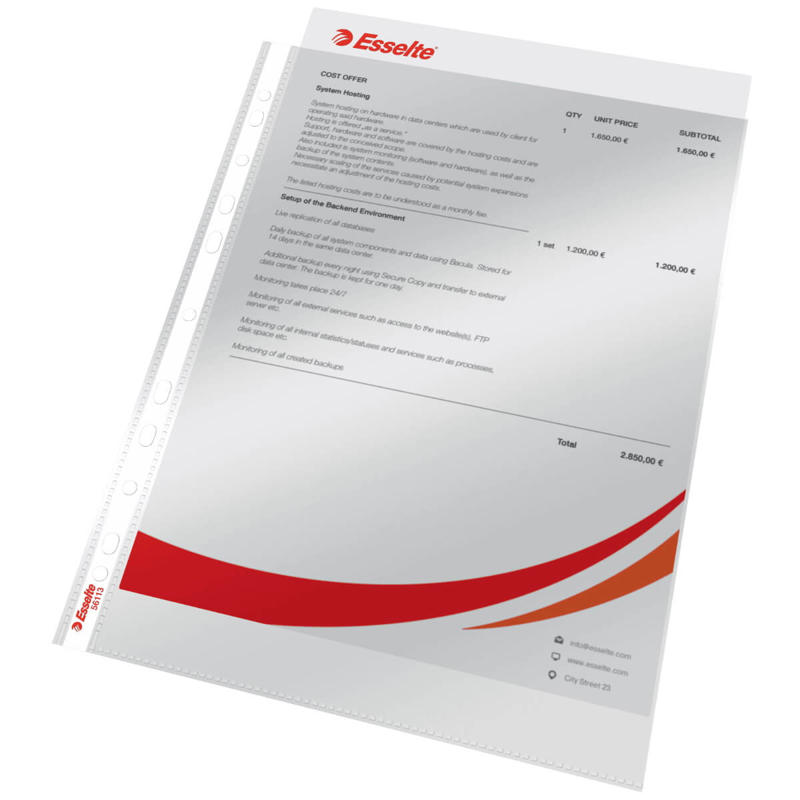 Plastlomme A4 Esselte 0,75mm premium glasklar 100stk/pak