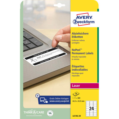Etiketter Avery label NoPeel laser 63,5x33,9mm L6146-20