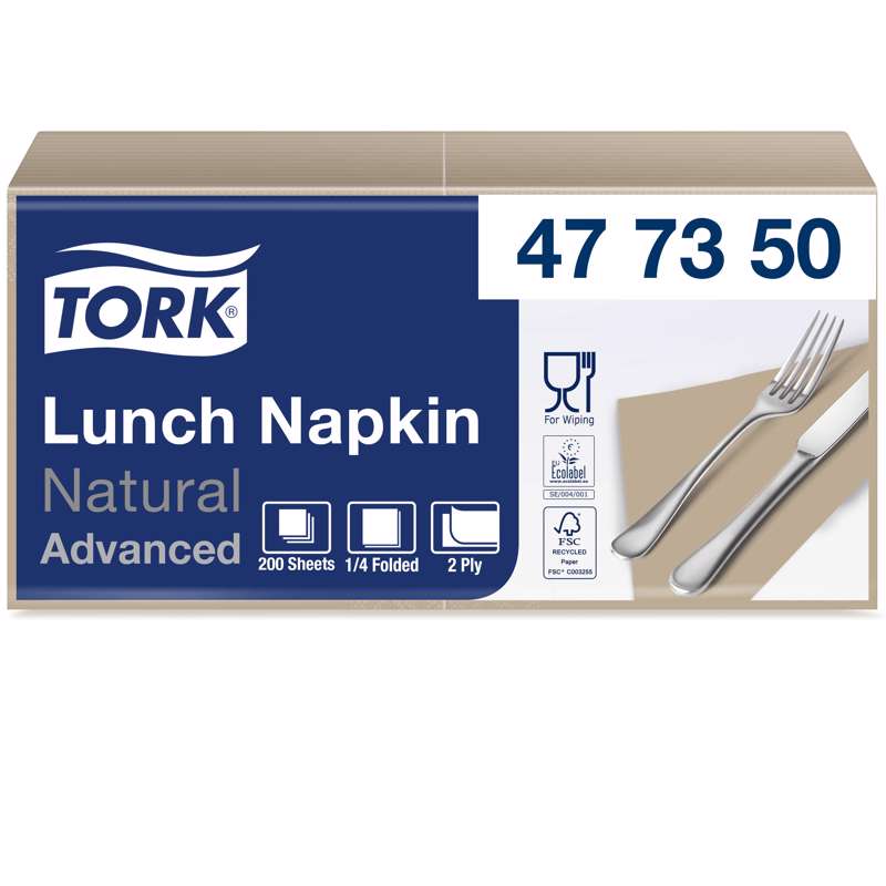 Servietter Tork 2-lags 1/4 fold 33cm natur 200stk/pk 477350