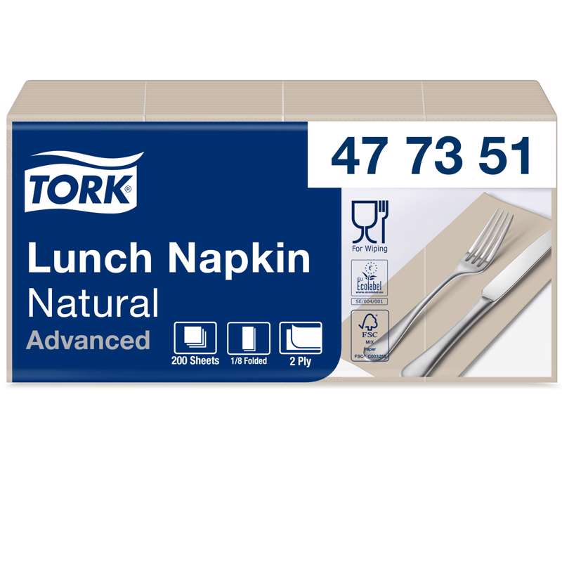 Servietter Tork 2-lags 1/8 fold 33cm natur 200stk/pk 477351