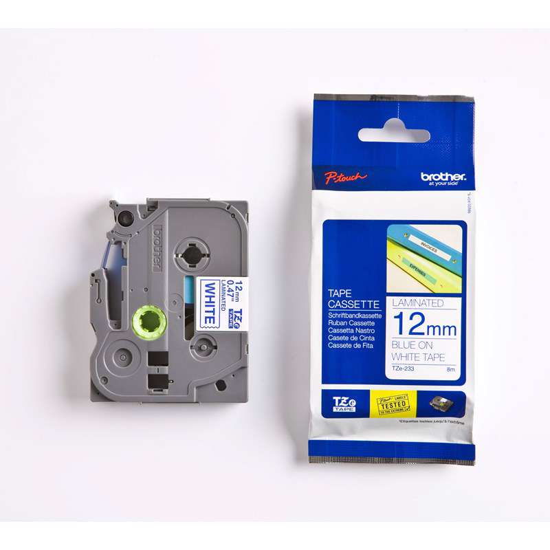 Labeltape Brother TZe233 12mm blå på hvid lamineret